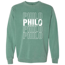Load image into Gallery viewer, Philosophy Academy Tulsa - "Stacked" Unisex Garment Dyed Crewneck Sweatshirt