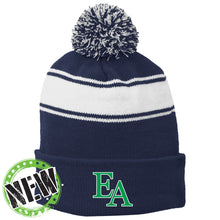 Load image into Gallery viewer, Evergreen Academy - "EA" Striped Pom Pom Beanie
