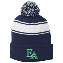 Load image into Gallery viewer, Evergreen Academy - "EA" Striped Pom Pom Beanie
